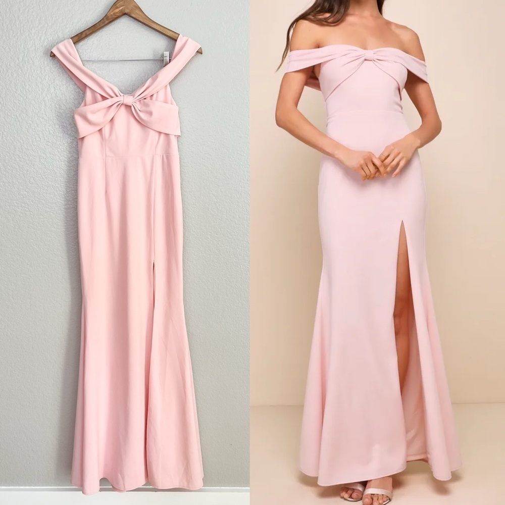 Elegant Perception Light Pink Off-the-Shoulder Bow Maxi Dress